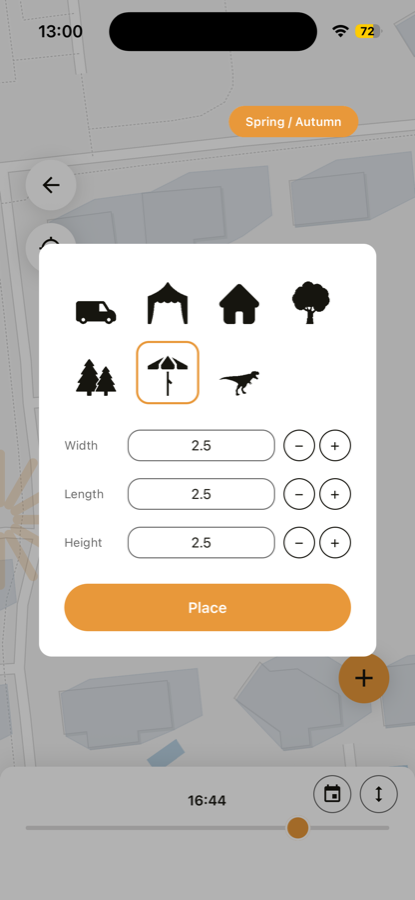 ShadeCheck's season control and object picker: choose a van, tent, house, tree, forest, parasol or a T-Rex, and size it exactly.