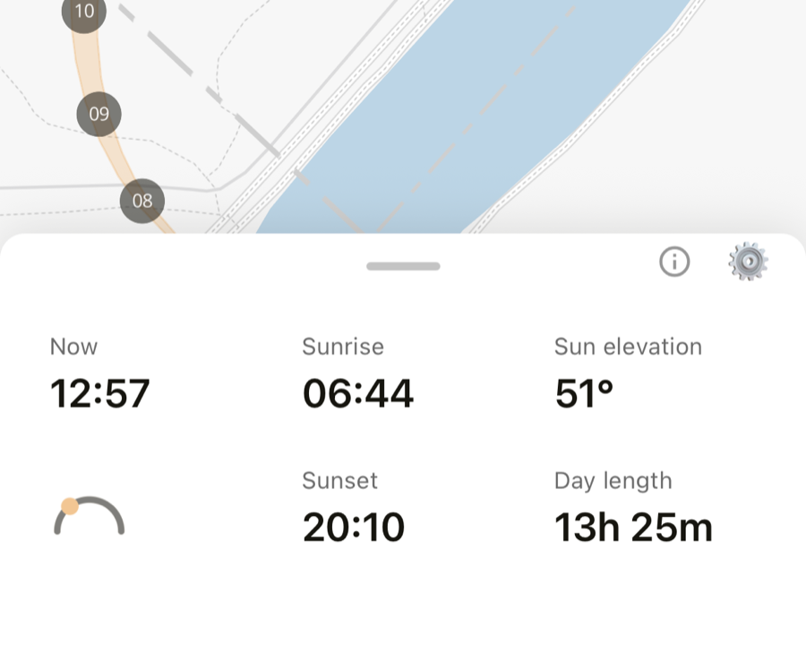 Sunrise, sunset, sun elevation and day length shown below the sun path map.