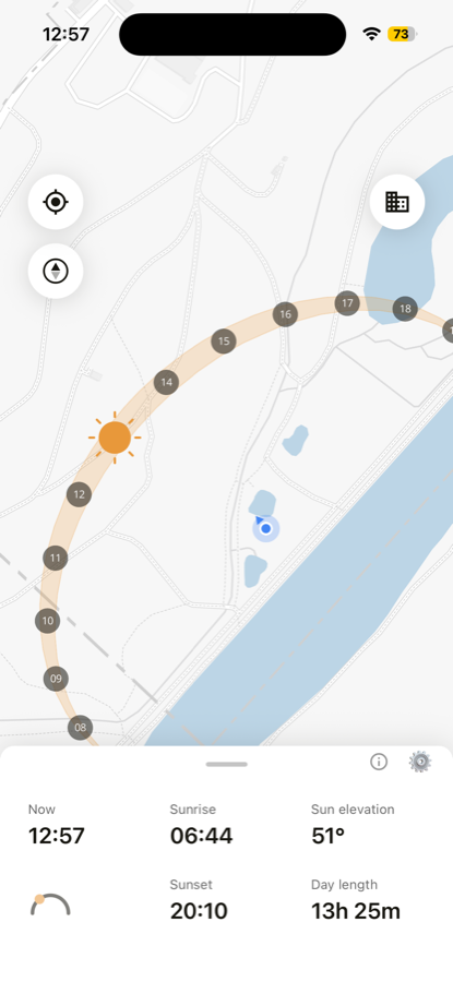 SunArc showing the sun's path as a band across a map, with the current sun position, sunrise, sunset and elevation for the day.